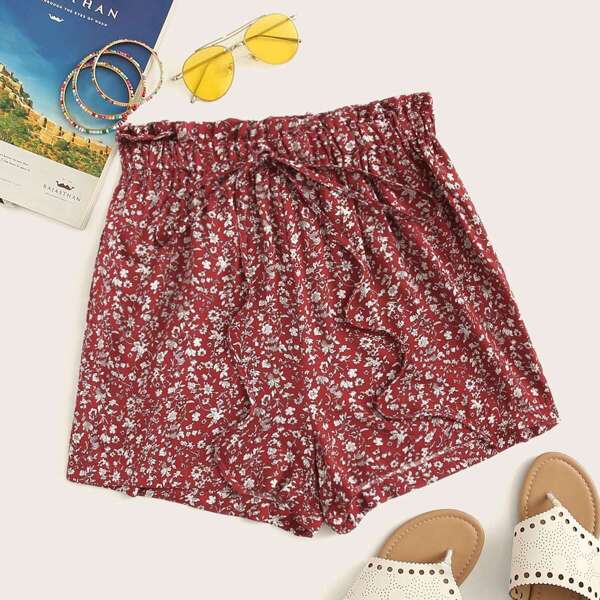 

Ditsy Floral Elastic Waist Tie Front Shorts, Red