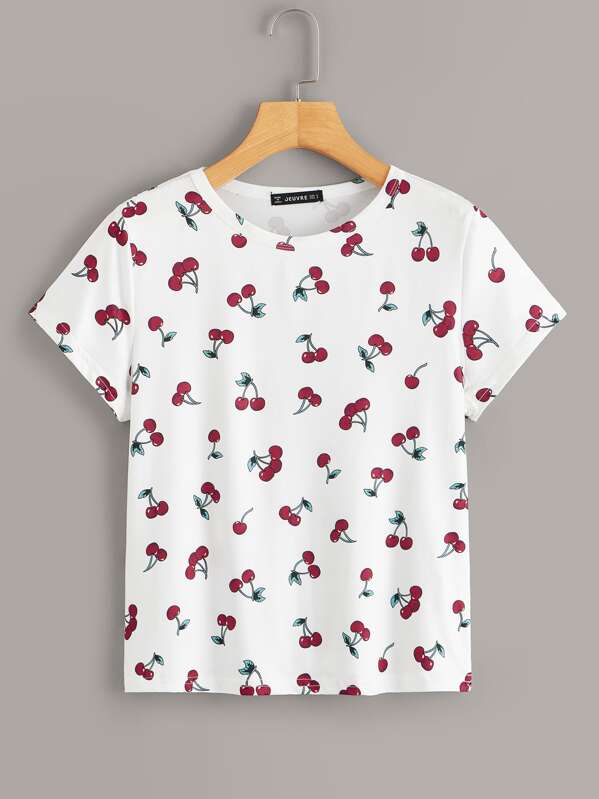 

Cherry Print Round Neck Tee, Multicolor