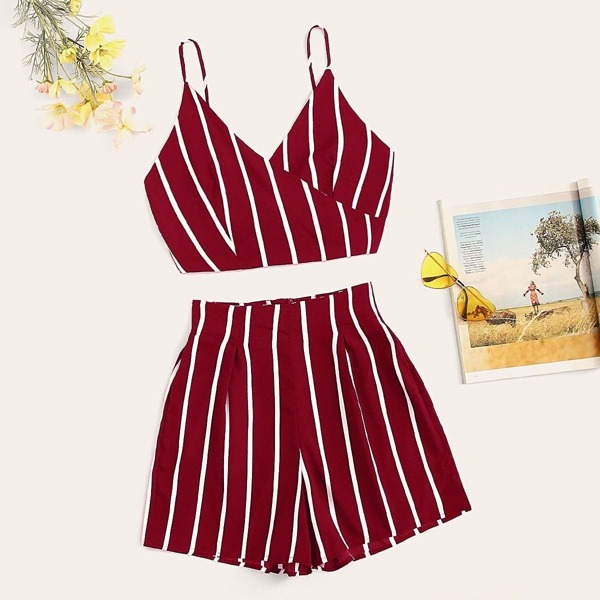 

Knot Back Striped Surplice Cami & Box Pleated Shorts, Burgundy