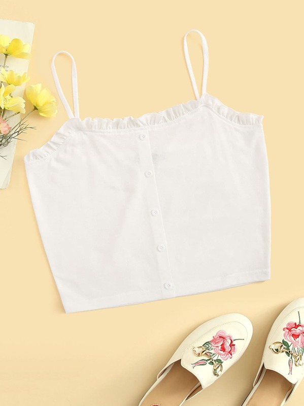 

Button Front Frill Trim Crop Cami Top, White
