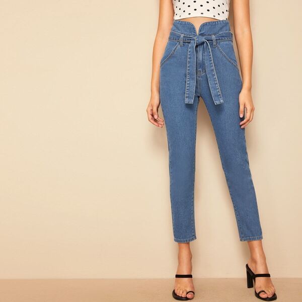 

High Waist Self Belted Jeans