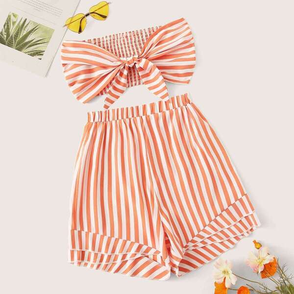 

Shirred Back Tie Front Bandeau Top & Striped Shorts Set, Orange pastel