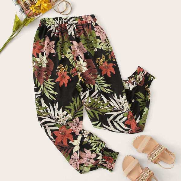 

Tropical Print Elastic Waist Pants