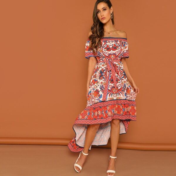 

Aztec Print Off Shoulder Dip Hem Dress