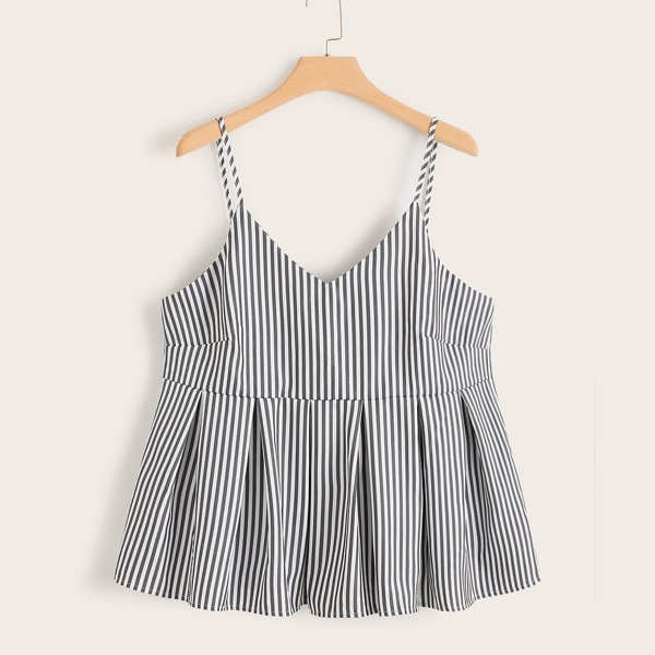 

Plus Ruffle Hem Striped Cami Top, Black and white