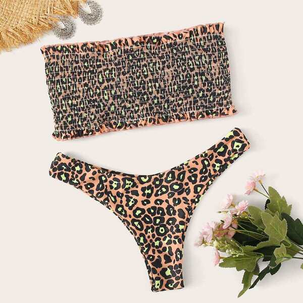 

Leopard Smocked Bandeau With High Leg Bikini, Multicolor