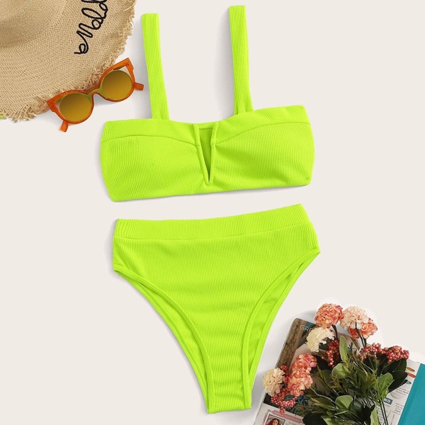 

Neon Lime Ribbed High Waist Bikini Set