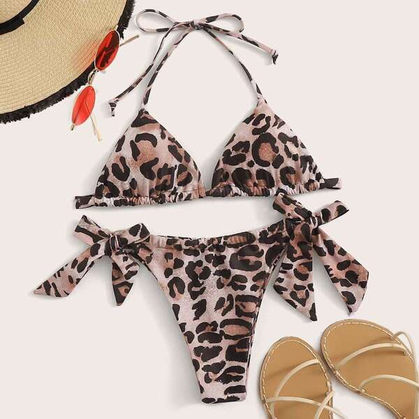 

Leopard Triangle Top With Tie Side Bikini Set