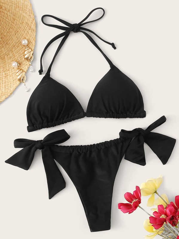 

Triangle Top With Tie Side Bikini Set, Black