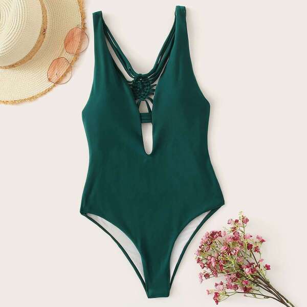 

Deep Plunging Strappy Back One Piece Swimsuit