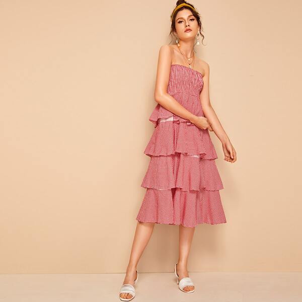 

Gingham Shirred Layered Tube Dress