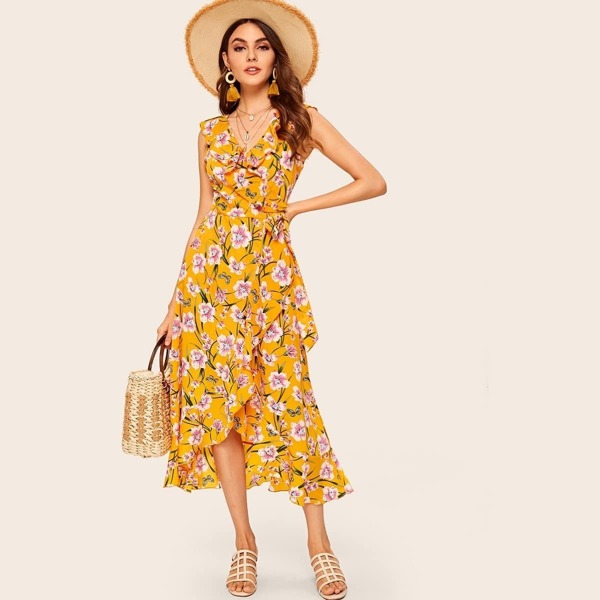 

Floral Print Flounce Trim Wrap Dress