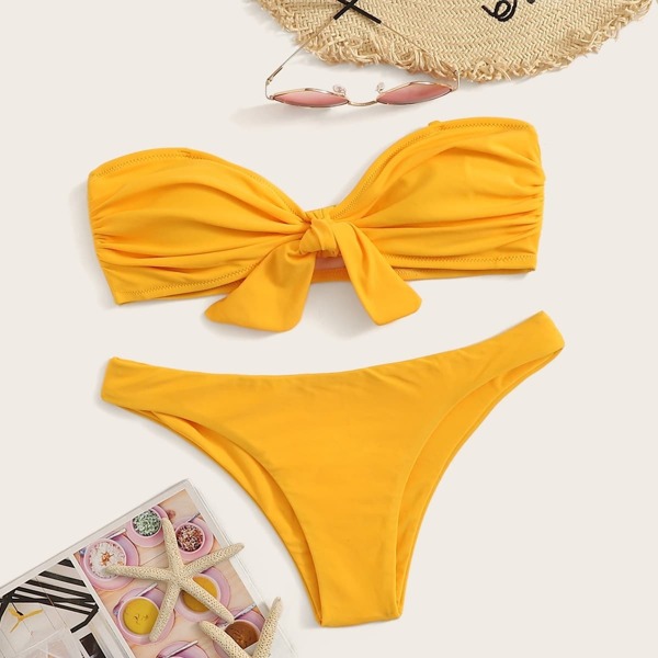 

Tie Front Ruched Bandeau Bikini Set, Yellow