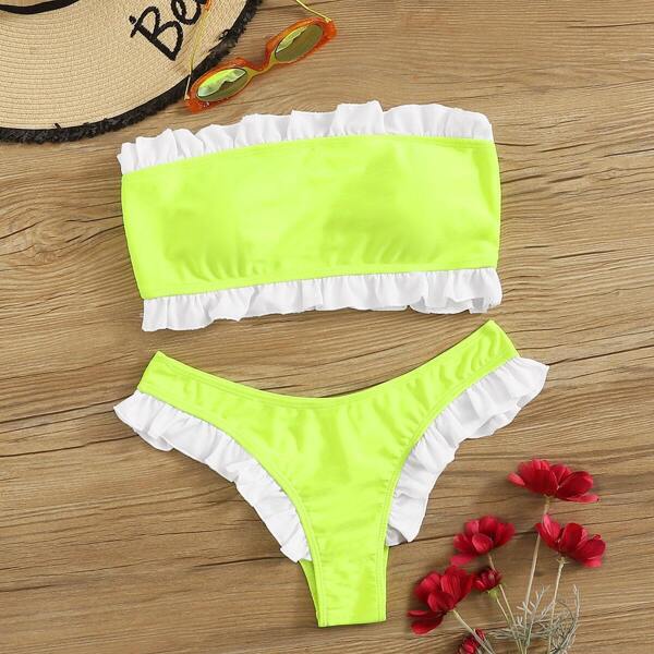 

Neon Lime Contrast Ruffle Trim Bandeau Bikini Set