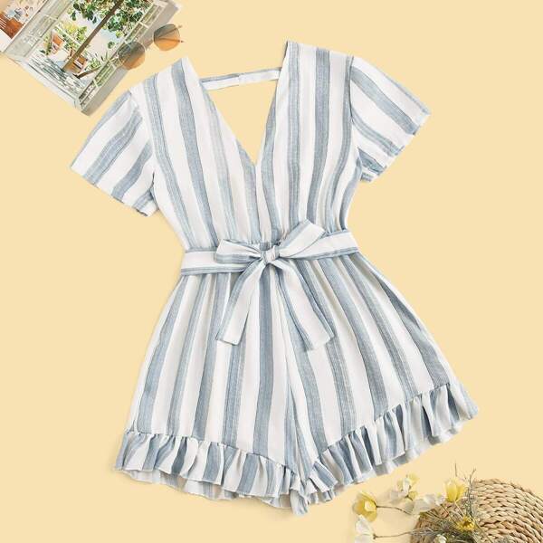 

Striped Ruffle Trim Self Tie Romper, Multicolor