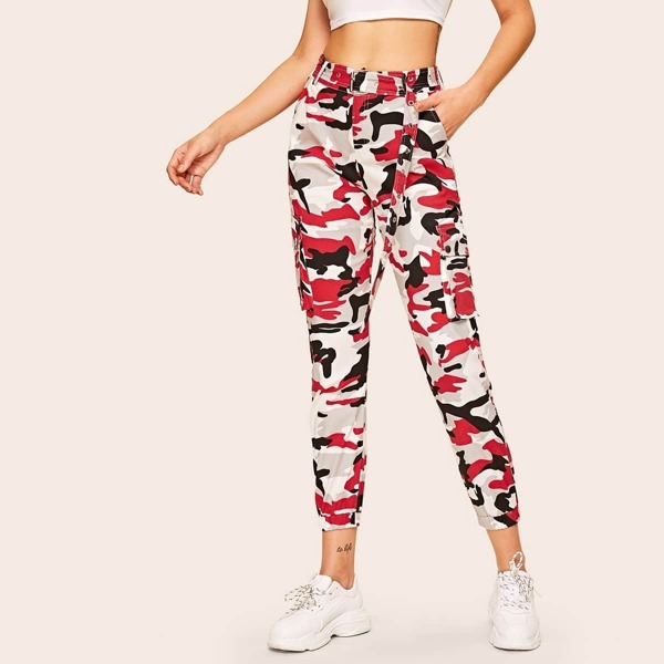

Camo Print Belted Cargo Pants