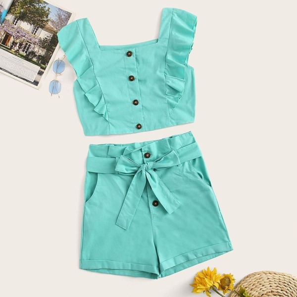 

Flounce Trim Button Detail Crop Top With Shorts, Blue