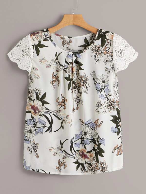 

Contrast Lace Cuff Floral Print Blouse, White