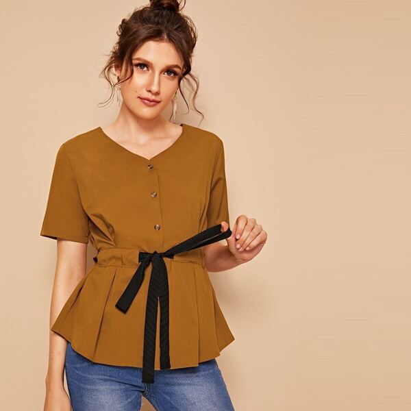

Drawstring Waist Button Front Blouse