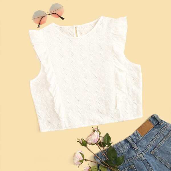 

Eyelet Embroidery Ruffle Trim Blouse