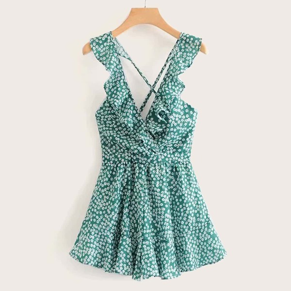 

Ditsy Floral Ruffle Trim Tie Back Romper, Green