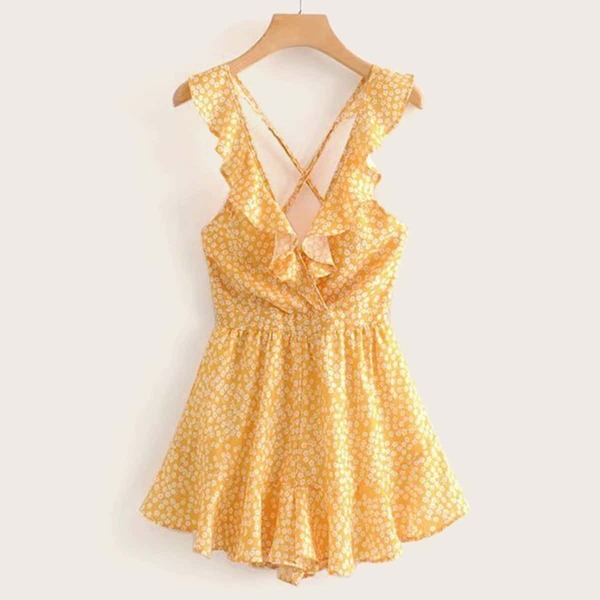 

Ditsy Floral Ruffle Trim Tie Back Romper, Yellow
