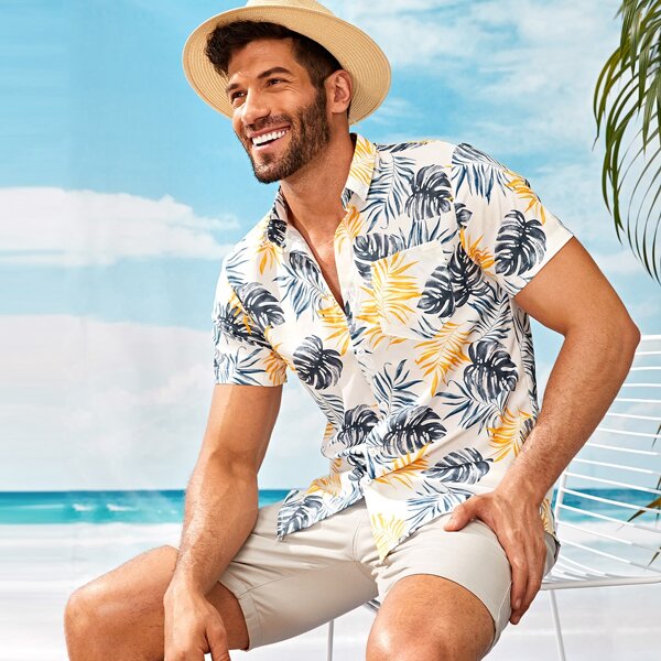 

Men Tropical Print Curved Hem Hawaiian Shirt, Multicolor