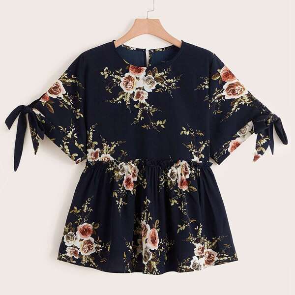 

Plus Floral Print Tie Side Peplum Blouse