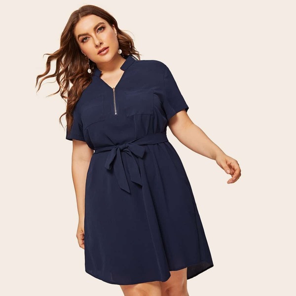 

Plus Zip Front Belted Dress, Navy blue
