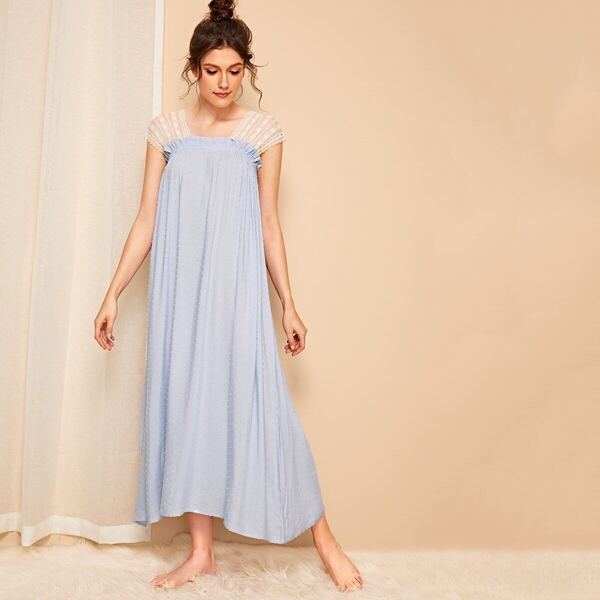 

Contrast Lace Frill Trim Night Dress, Blue