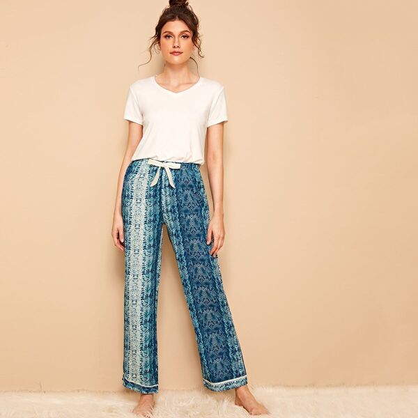 

V-neck Top & Snakeskin Pants PJ Set, Multicolor