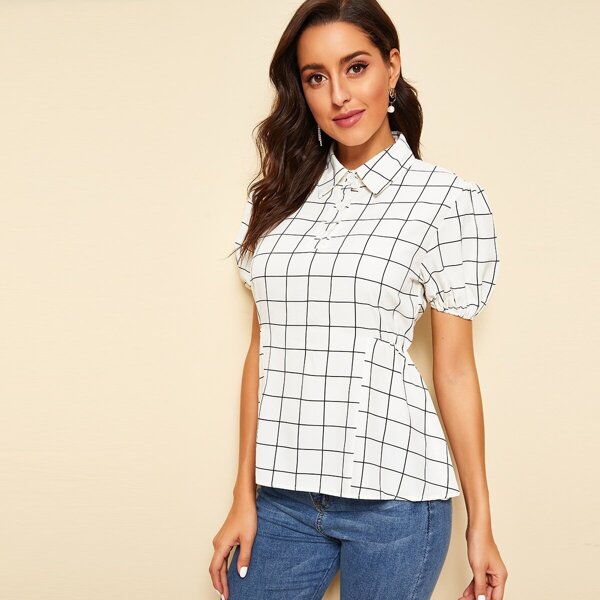 

Grid Bishop Sleeve Button Half Placket Blouse