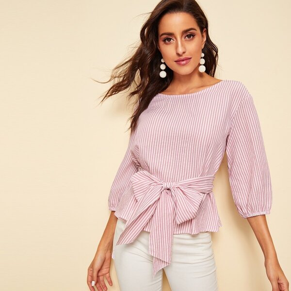 

Striped Belted Bishop Sleeve Blouse