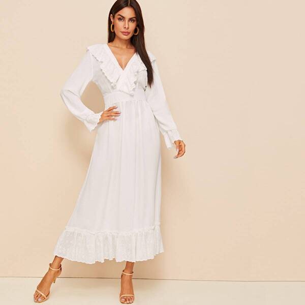 

Eyelet Embroidered Flounce Sleeve Tie Back Dress