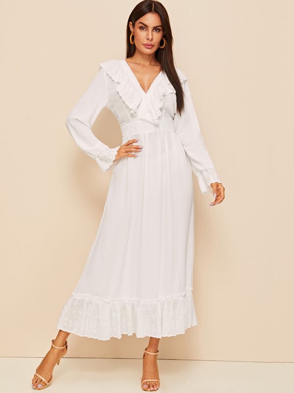 

Eyelet Embroidered Flounce Sleeve Tie Back Dress, White, Andy