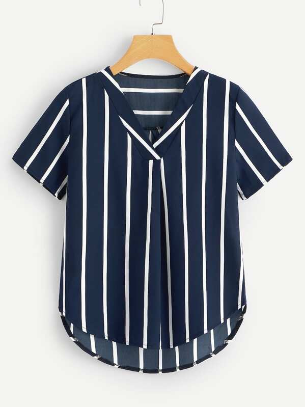 

Plus Dip Hem Striped Blouse, Navy