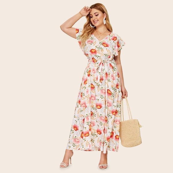 

Plus Floral Print Self Tie Maxi Dress, Multicolor