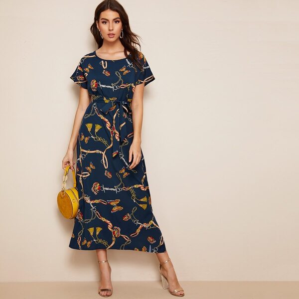

Chain Print Split-side Belted Longline Dress, Navy