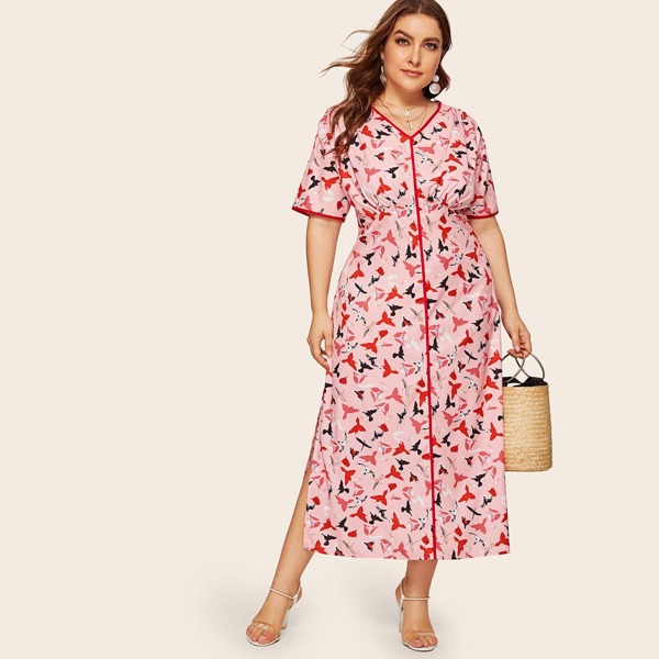 

Plus Bird Print Contrast Binding Split Side Dress