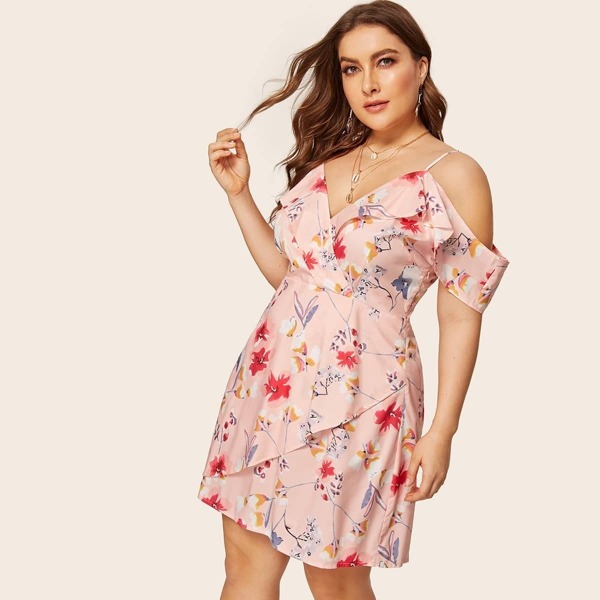 

Plus Cold-Shoulder Floral Print Dress
