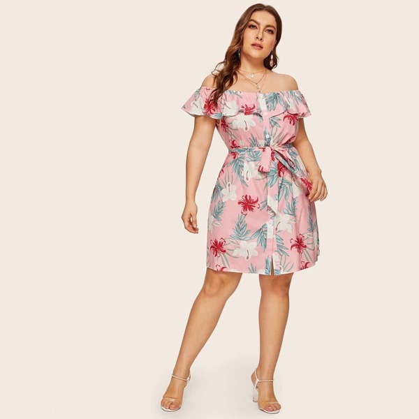 

Plus Off Shoulder Ruffle Floral Print Dress