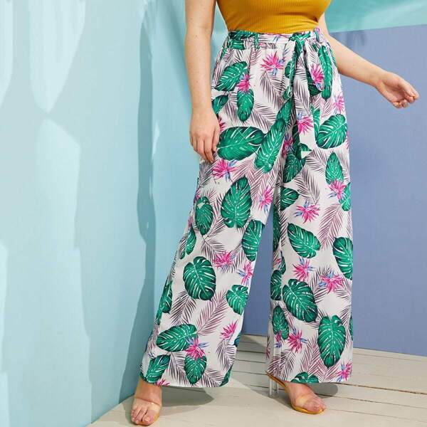 

Plus Palm Tree Print Wide Leg Pants, Multicolor