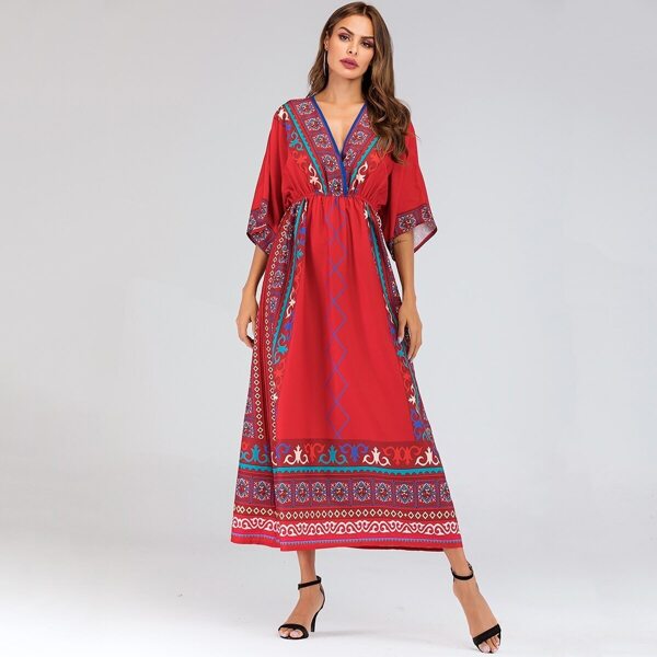 

Aztec Print Elastic Waist Kimono Sleeve Maxi Dress, Red