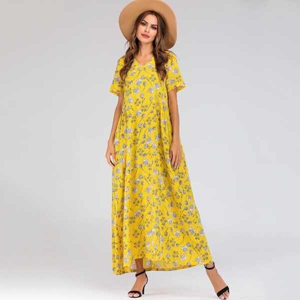 

Ditsy Floral Print Hidden Pocket Longline Dress, Yellow
