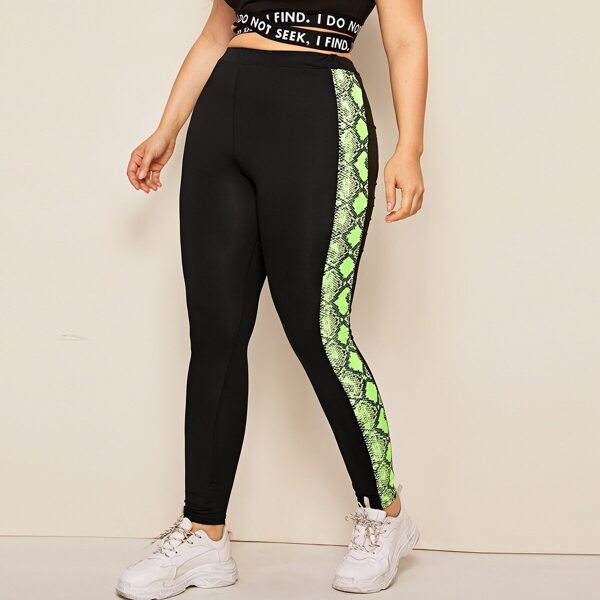 

Plus Contrast Snakeskin Print Leggings, Black