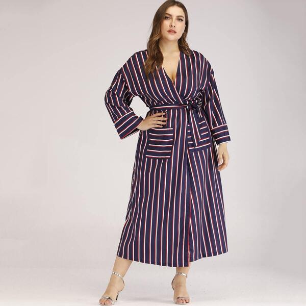 

Plus Striped Dual Pocket Belted Longline Dress