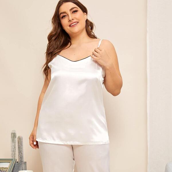 

Plus Contrast Trim Satin Pajama Set, White