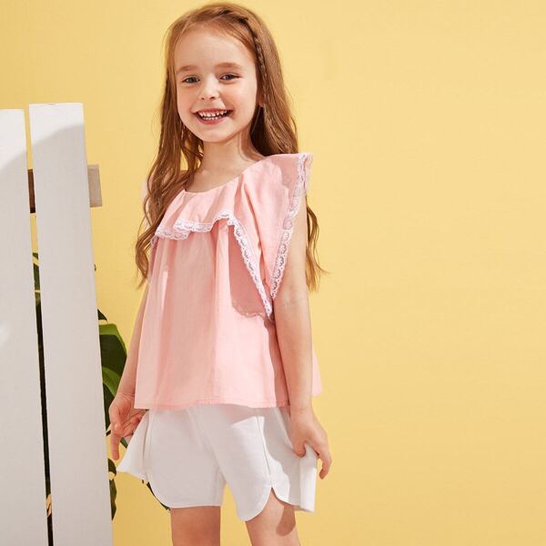 

Toddler Girls Lace Trim Ruffle Overlay Top, Pink pastel