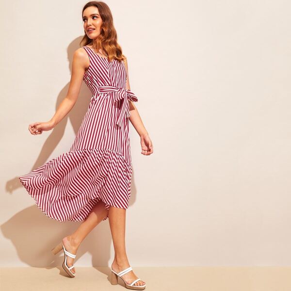 

Tie Waist Asymmetric Flounce Hem Striped Belted Dress