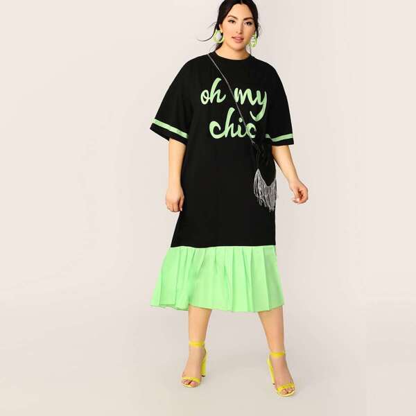 

Plus Neon Lime Colorblock Striped & Slogan Print Pleated Hem Dress, Multicolor